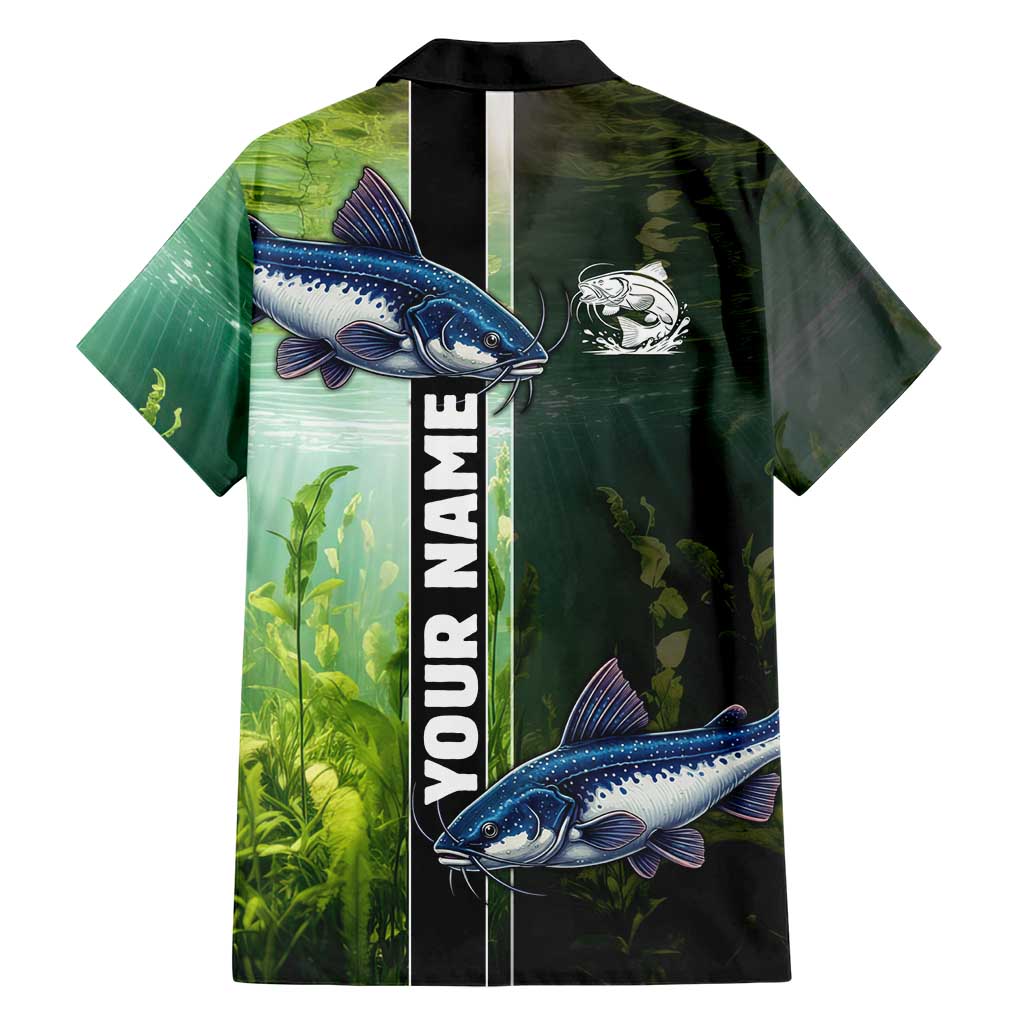 Custom Catfish Fishing Family Matching Off Shoulder Maxi Dress and Hawaiian Shirt with Underwater River Scene and Green Aquatic Pattern - Wonder Print Shop