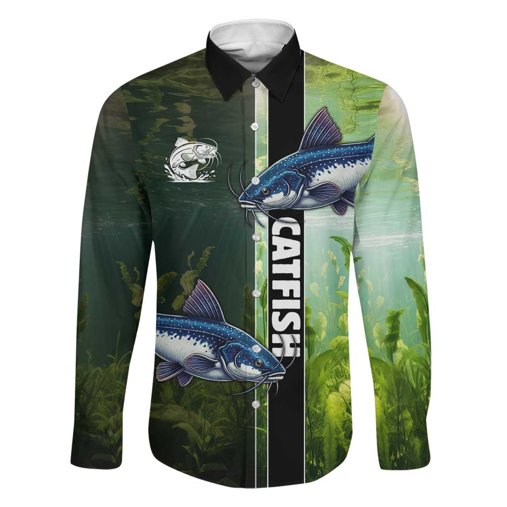 Custom Catfish Fishing Family Matching Off Shoulder Maxi Dress and Hawaiian Shirt with Underwater River Scene and Green Aquatic Pattern - Wonder Print Shop