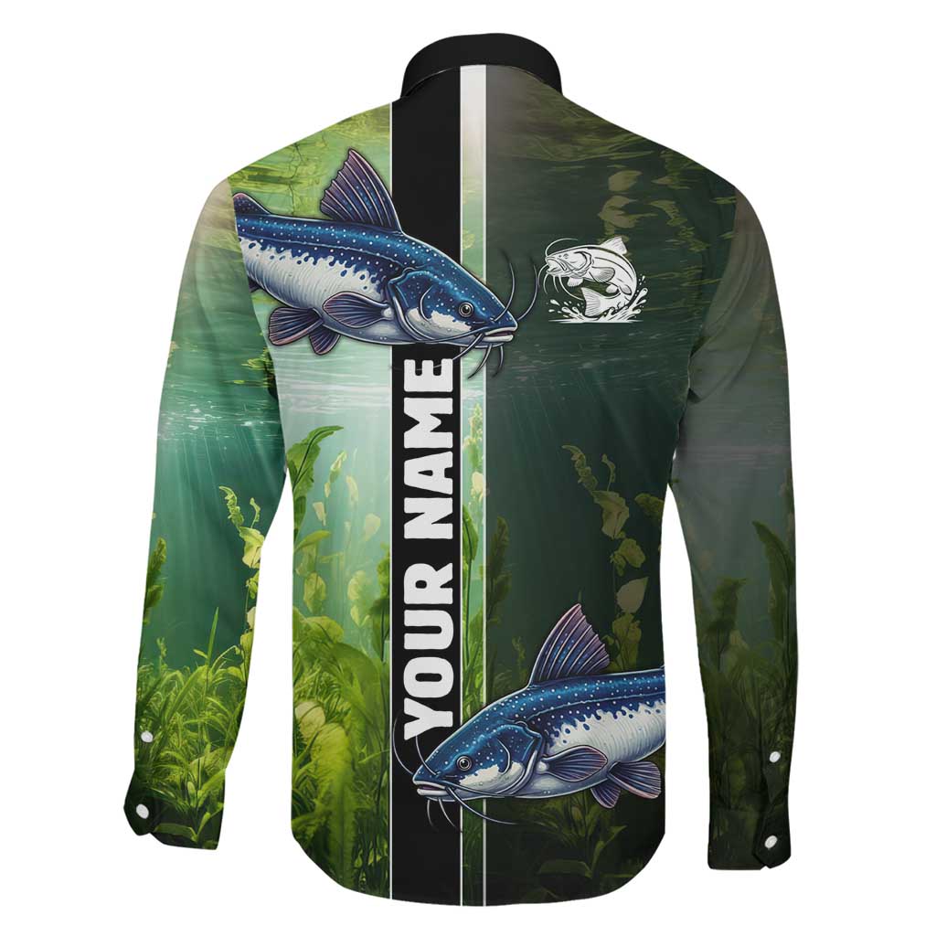 Custom Catfish Fishing Family Matching Off Shoulder Maxi Dress and Hawaiian Shirt with Underwater River Scene and Green Aquatic Pattern - Wonder Print Shop