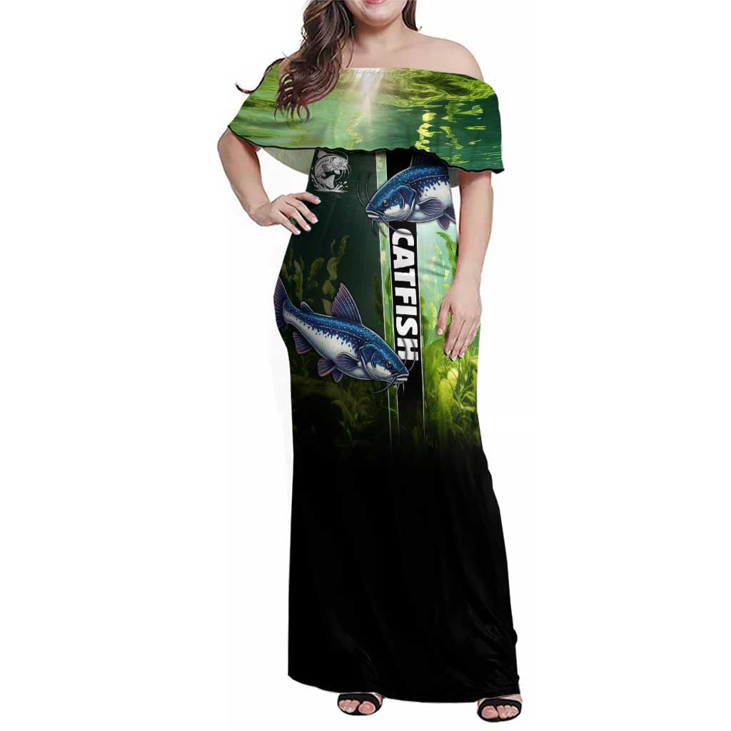 Custom Catfish Fishing Family Matching Off Shoulder Maxi Dress and Hawaiian Shirt with Underwater River Scene and Green Aquatic Pattern - Wonder Print Shop