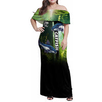 Custom Catfish Fishing Family Matching Off Shoulder Maxi Dress and Hawaiian Shirt with Underwater River Scene and Green Aquatic Pattern - Wonder Print Shop