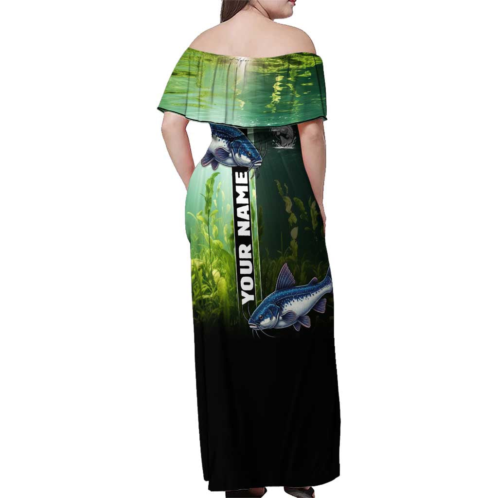 Custom Catfish Fishing Family Matching Off Shoulder Maxi Dress and Hawaiian Shirt with Underwater River Scene and Green Aquatic Pattern - Wonder Print Shop