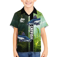 Custom Catfish Fishing Family Matching Off Shoulder Maxi Dress and Hawaiian Shirt with Underwater River Scene and Green Aquatic Pattern - Wonder Print Shop