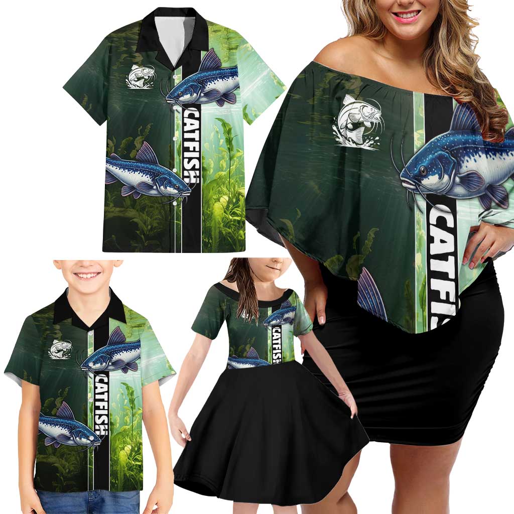 Custom Catfish Fishing Family Matching Off Shoulder Short Dress and Hawaiian Shirt with Underwater River Scene and Green Aquatic Pattern - Wonder Print Shop