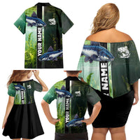 Custom Catfish Fishing Family Matching Off Shoulder Short Dress and Hawaiian Shirt with Underwater River Scene and Green Aquatic Pattern - Wonder Print Shop