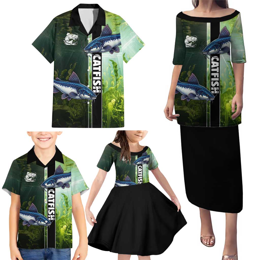 Custom Catfish Fishing Family Matching Puletasi and Hawaiian Shirt with Underwater River Scene and Green Aquatic Pattern - Wonder Print Shop