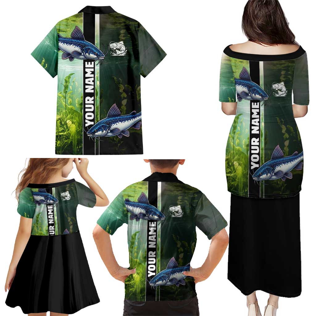 Custom Catfish Fishing Family Matching Puletasi and Hawaiian Shirt with Underwater River Scene and Green Aquatic Pattern - Wonder Print Shop