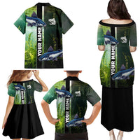 Custom Catfish Fishing Family Matching Puletasi and Hawaiian Shirt with Underwater River Scene and Green Aquatic Pattern - Wonder Print Shop