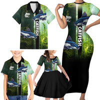 Custom Catfish Fishing Family Matching Short Sleeve Bodycon Dress and Hawaiian Shirt with Underwater River Scene and Green Aquatic Pattern - Wonder Print Shop
