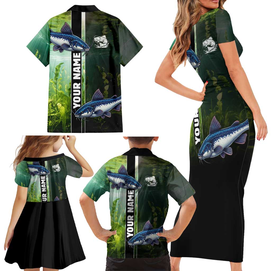 Custom Catfish Fishing Family Matching Short Sleeve Bodycon Dress and Hawaiian Shirt with Underwater River Scene and Green Aquatic Pattern - Wonder Print Shop