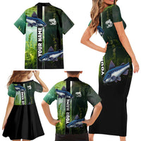 Custom Catfish Fishing Family Matching Short Sleeve Bodycon Dress and Hawaiian Shirt with Underwater River Scene and Green Aquatic Pattern - Wonder Print Shop