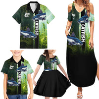 Custom Catfish Fishing Family Matching Summer Maxi Dress and Hawaiian Shirt with Underwater River Scene and Green Aquatic Pattern - Wonder Print Shop