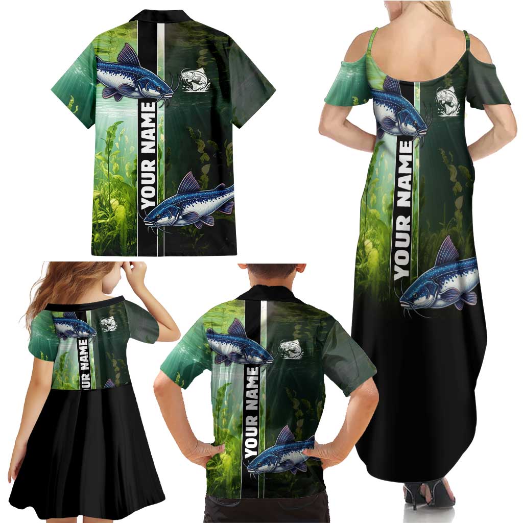 Custom Catfish Fishing Family Matching Summer Maxi Dress and Hawaiian Shirt with Underwater River Scene and Green Aquatic Pattern - Wonder Print Shop