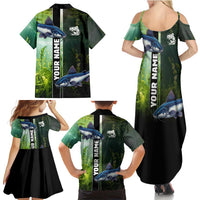 Custom Catfish Fishing Family Matching Summer Maxi Dress and Hawaiian Shirt with Underwater River Scene and Green Aquatic Pattern - Wonder Print Shop