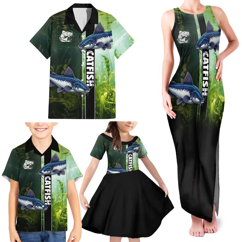 Custom Catfish Fishing Family Matching Tank Maxi Dress and Hawaiian Shirt with Underwater River Scene and Green Aquatic Pattern - Wonder Print Shop