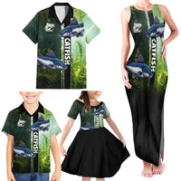 Custom Catfish Fishing Family Matching Tank Maxi Dress and Hawaiian Shirt with Underwater River Scene and Green Aquatic Pattern - Wonder Print Shop