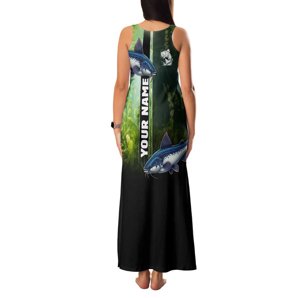 Custom Catfish Fishing Family Matching Tank Maxi Dress and Hawaiian Shirt with Underwater River Scene and Green Aquatic Pattern - Wonder Print Shop