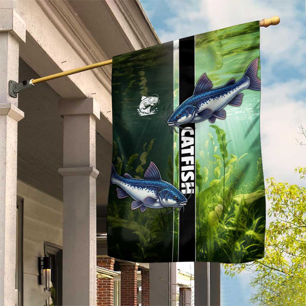 Catfish Fishing Garden Flag with Underwater River Scene and Green Aquatic Pattern - Wonder Print Shop