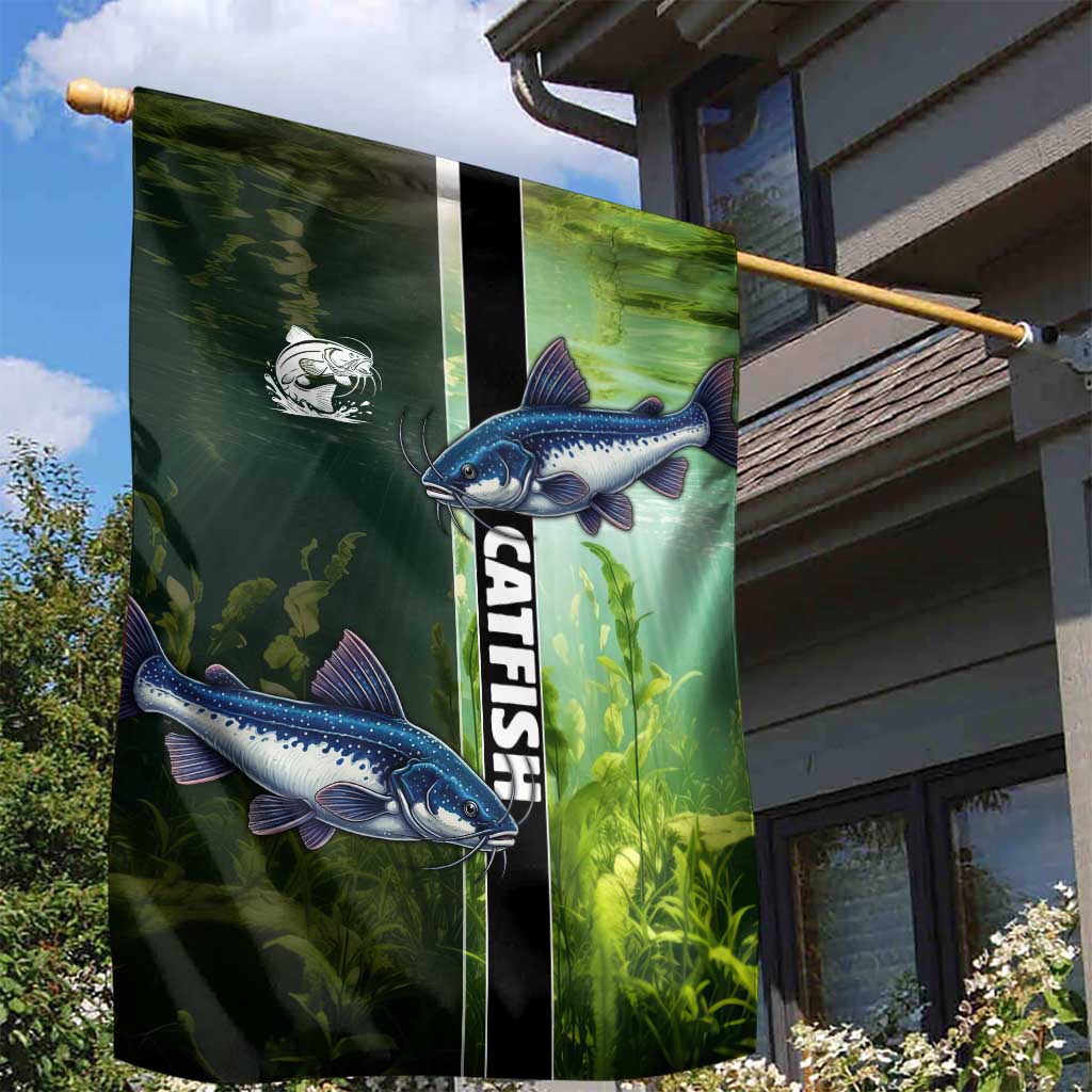 Catfish Fishing Garden Flag with Underwater River Scene and Green Aquatic Pattern - Wonder Print Shop