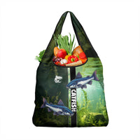 Catfish Fishing Grocery Bag with Underwater River Scene and Green Aquatic Pattern - Wonder Print Shop