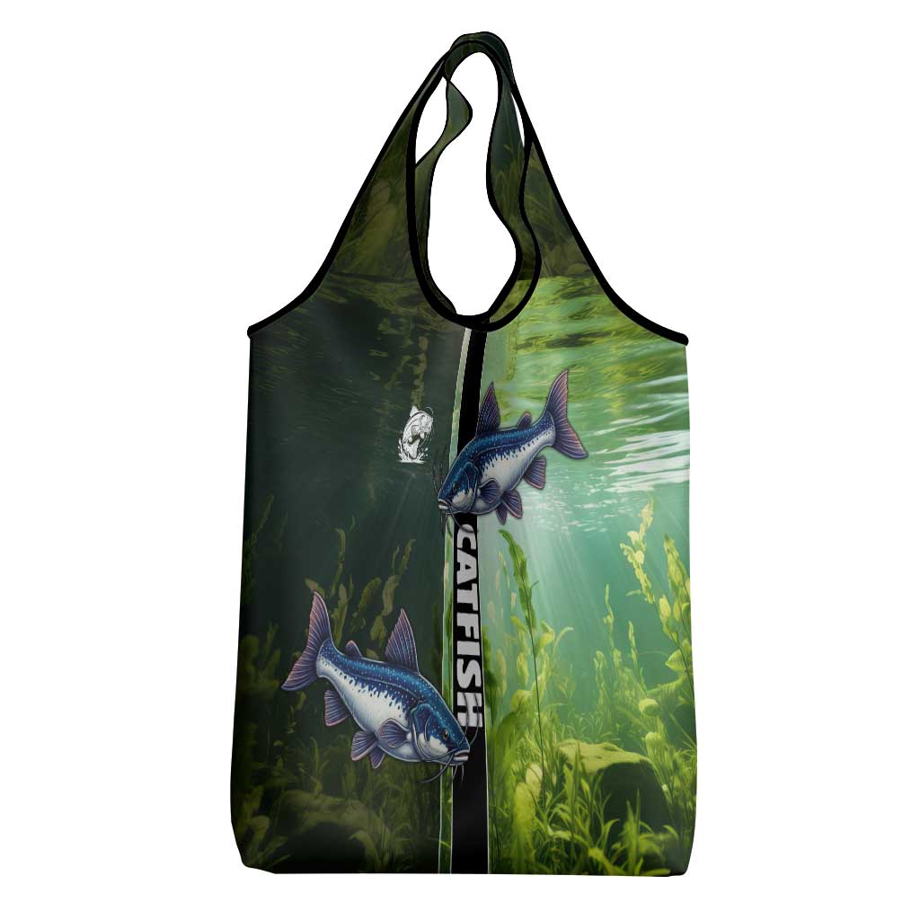 Catfish Fishing Grocery Bag with Underwater River Scene and Green Aquatic Pattern - Wonder Print Shop