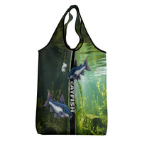 Catfish Fishing Grocery Bag with Underwater River Scene and Green Aquatic Pattern - Wonder Print Shop