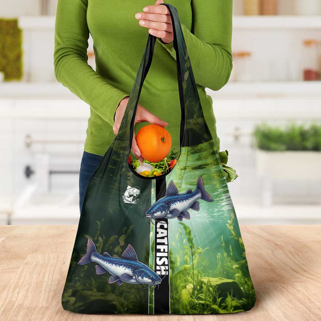Catfish Fishing Grocery Bag with Underwater River Scene and Green Aquatic Pattern - Wonder Print Shop
