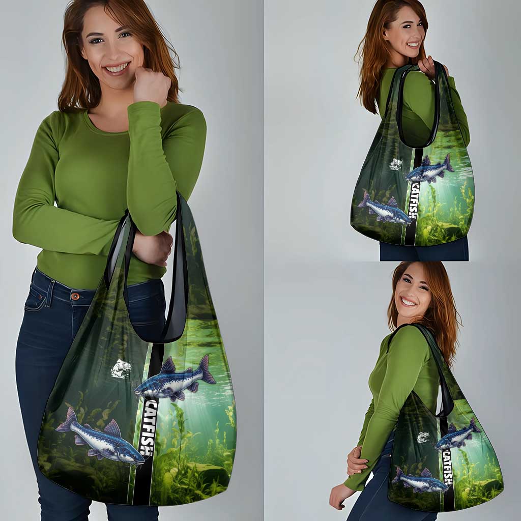 Catfish Fishing Grocery Bag with Underwater River Scene and Green Aquatic Pattern - Wonder Print Shop