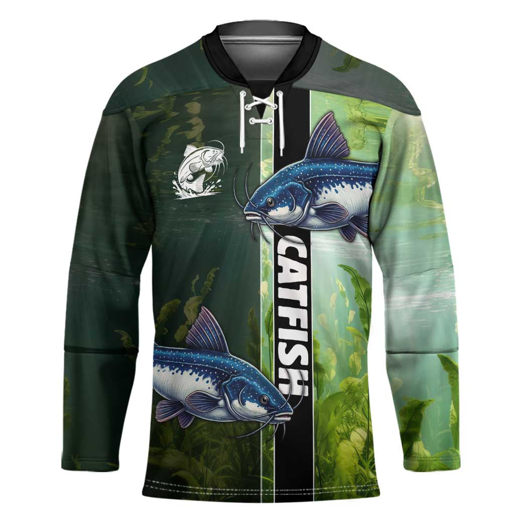 Custom Catfish Fishing Hockey Jersey with Underwater River Scene and Green Aquatic Pattern - Wonder Print Shop