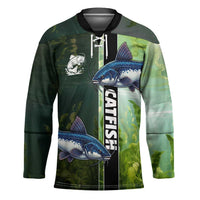 Custom Catfish Fishing Hockey Jersey with Underwater River Scene and Green Aquatic Pattern - Wonder Print Shop