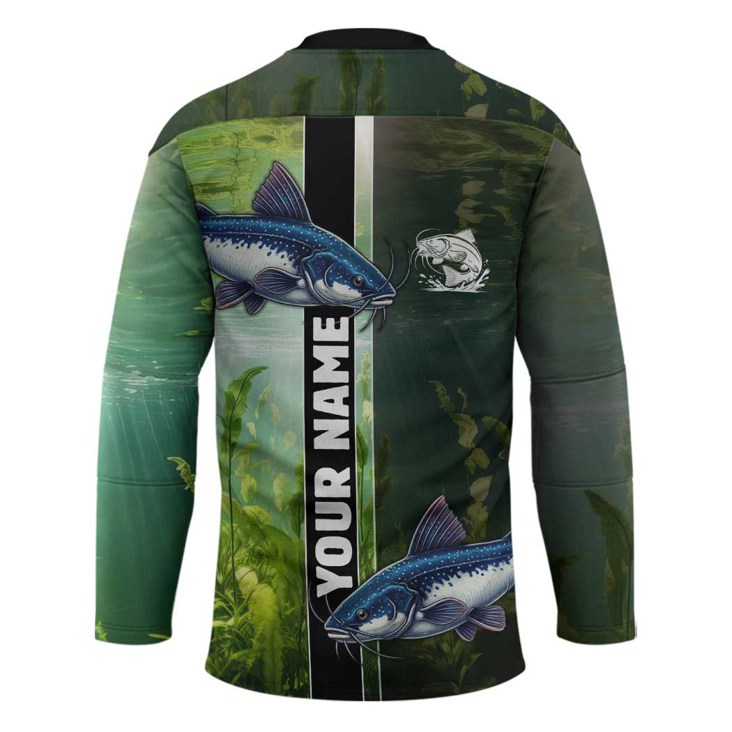 Custom Catfish Fishing Hockey Jersey with Underwater River Scene and Green Aquatic Pattern - Wonder Print Shop