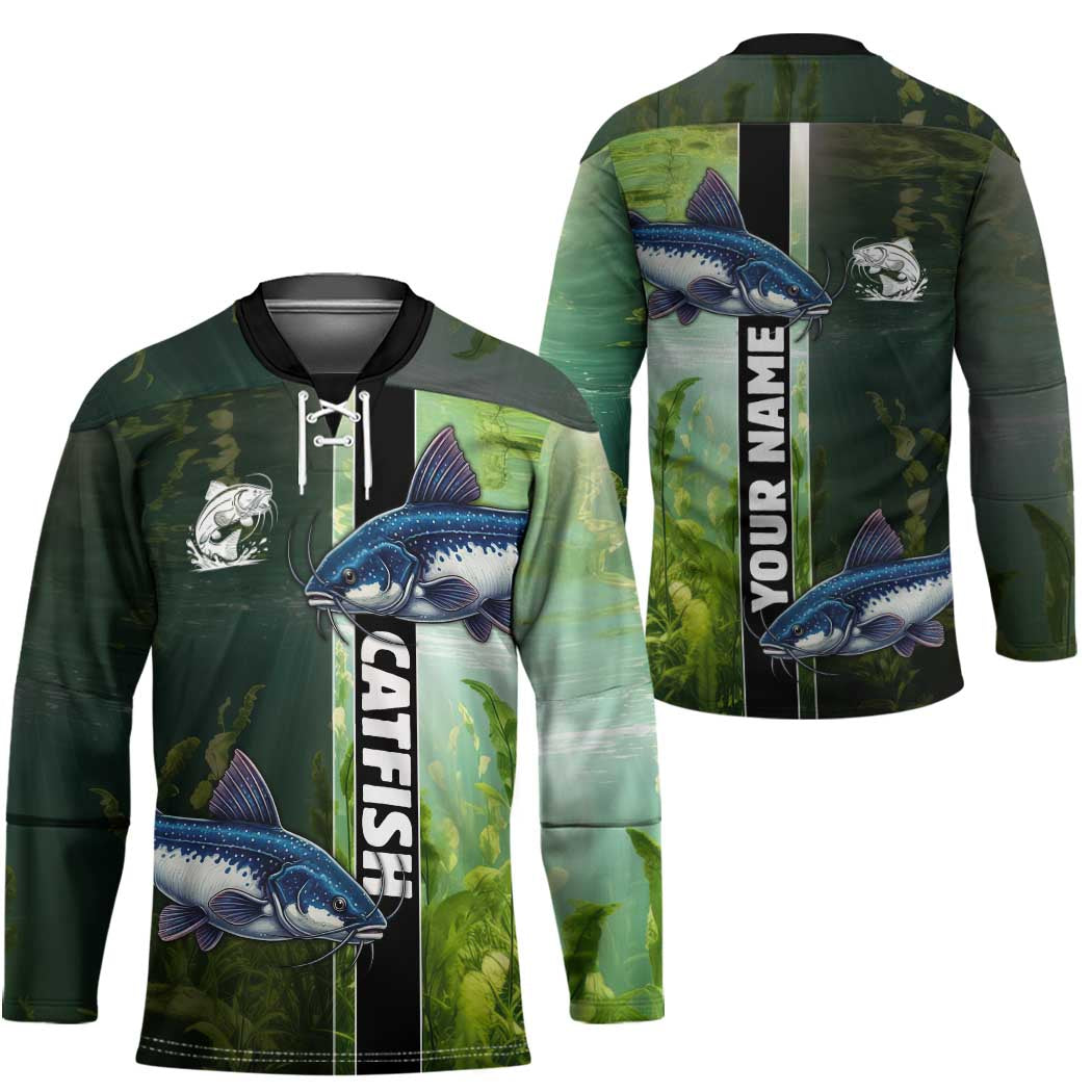 Custom Catfish Fishing Hockey Jersey with Underwater River Scene and Green Aquatic Pattern - Wonder Print Shop