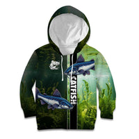 Custom Catfish Fishing Kid Hoodie with Underwater River Scene and Green Aquatic Pattern - Wonder Print Shop