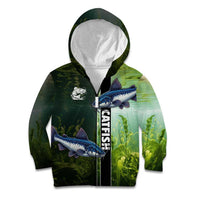 Custom Catfish Fishing Kid Hoodie with Underwater River Scene and Green Aquatic Pattern - Wonder Print Shop