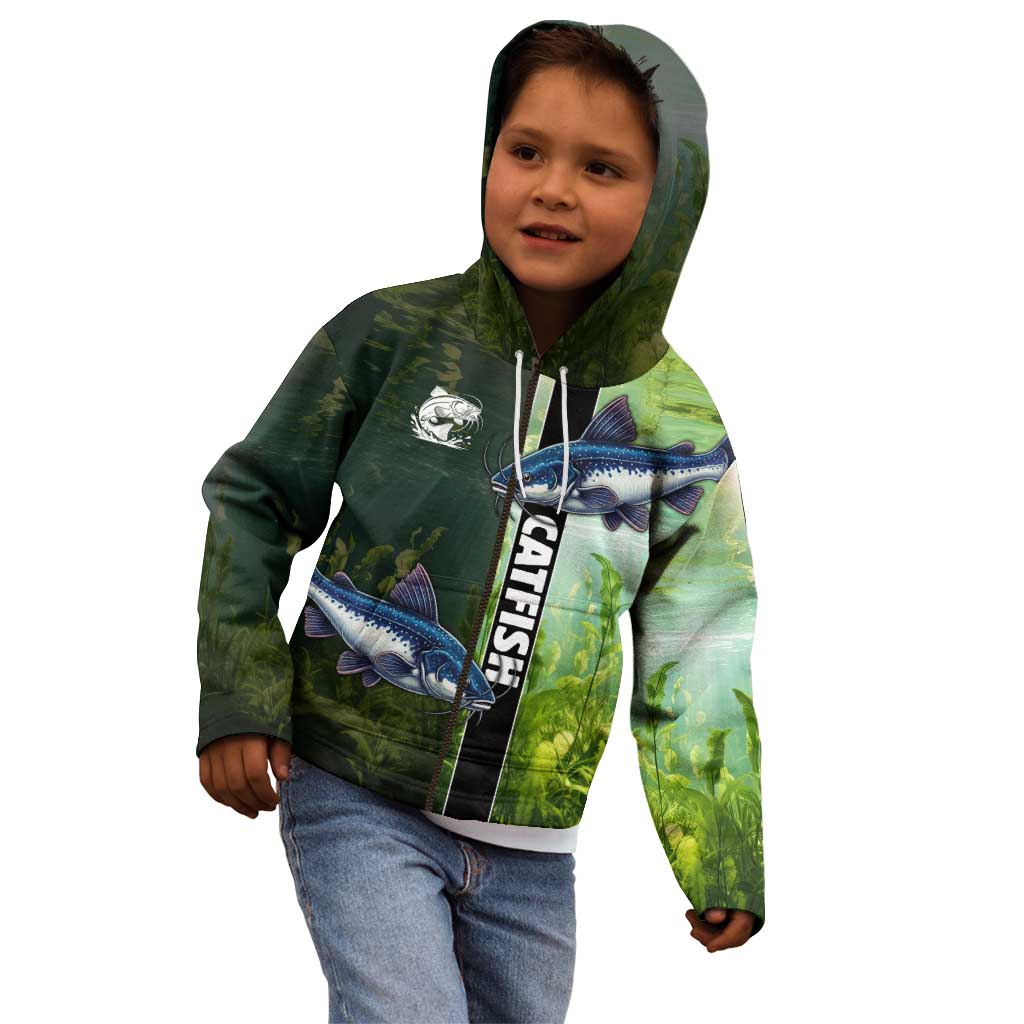 Custom Catfish Fishing Kid Hoodie with Underwater River Scene and Green Aquatic Pattern - Wonder Print Shop
