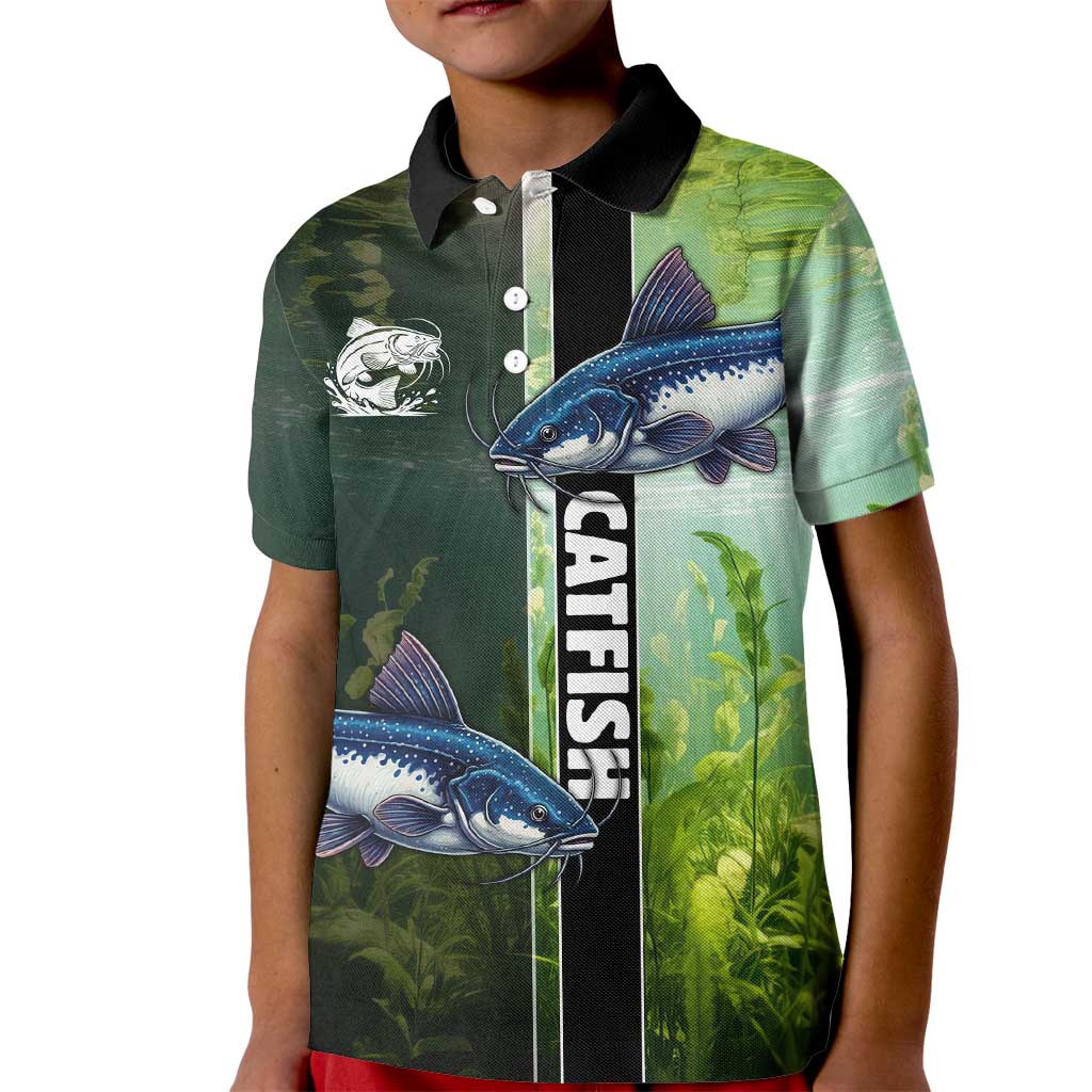 Custom Catfish Fishing Kid Polo Shirt with Underwater River Scene and Green Aquatic Pattern - Wonder Print Shop