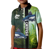 Custom Catfish Fishing Kid Polo Shirt with Underwater River Scene and Green Aquatic Pattern - Wonder Print Shop