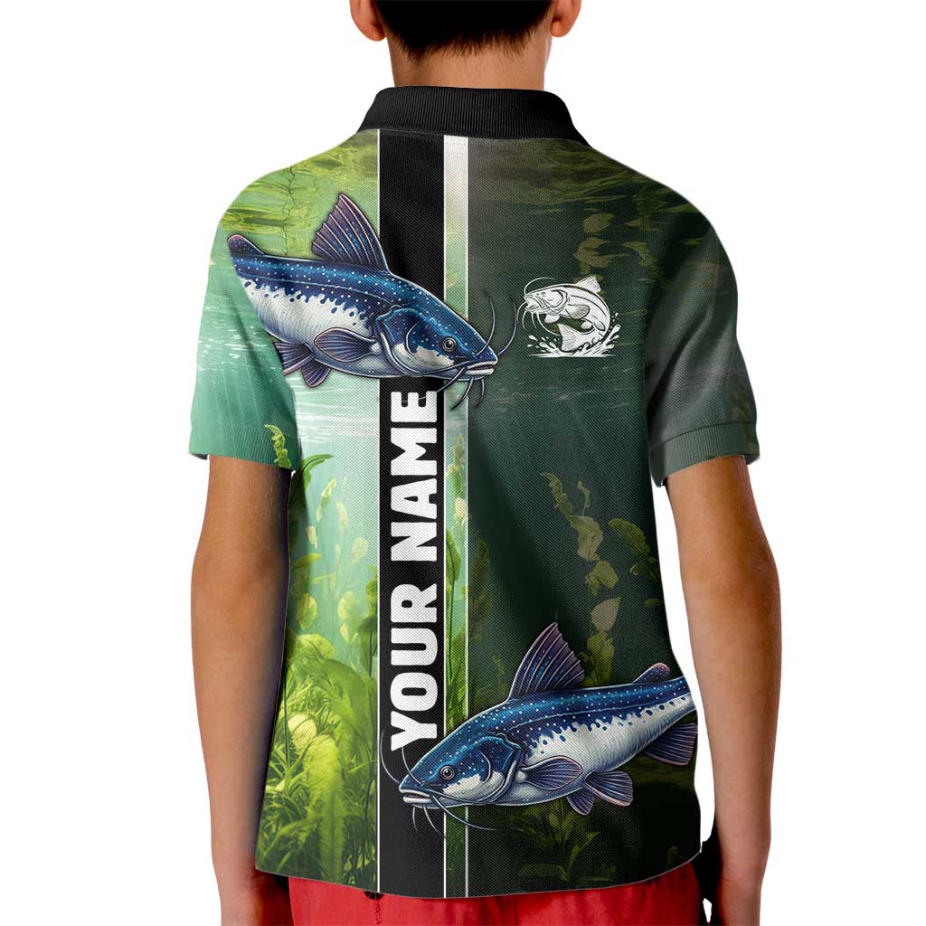 Custom Catfish Fishing Kid Polo Shirt with Underwater River Scene and Green Aquatic Pattern - Wonder Print Shop