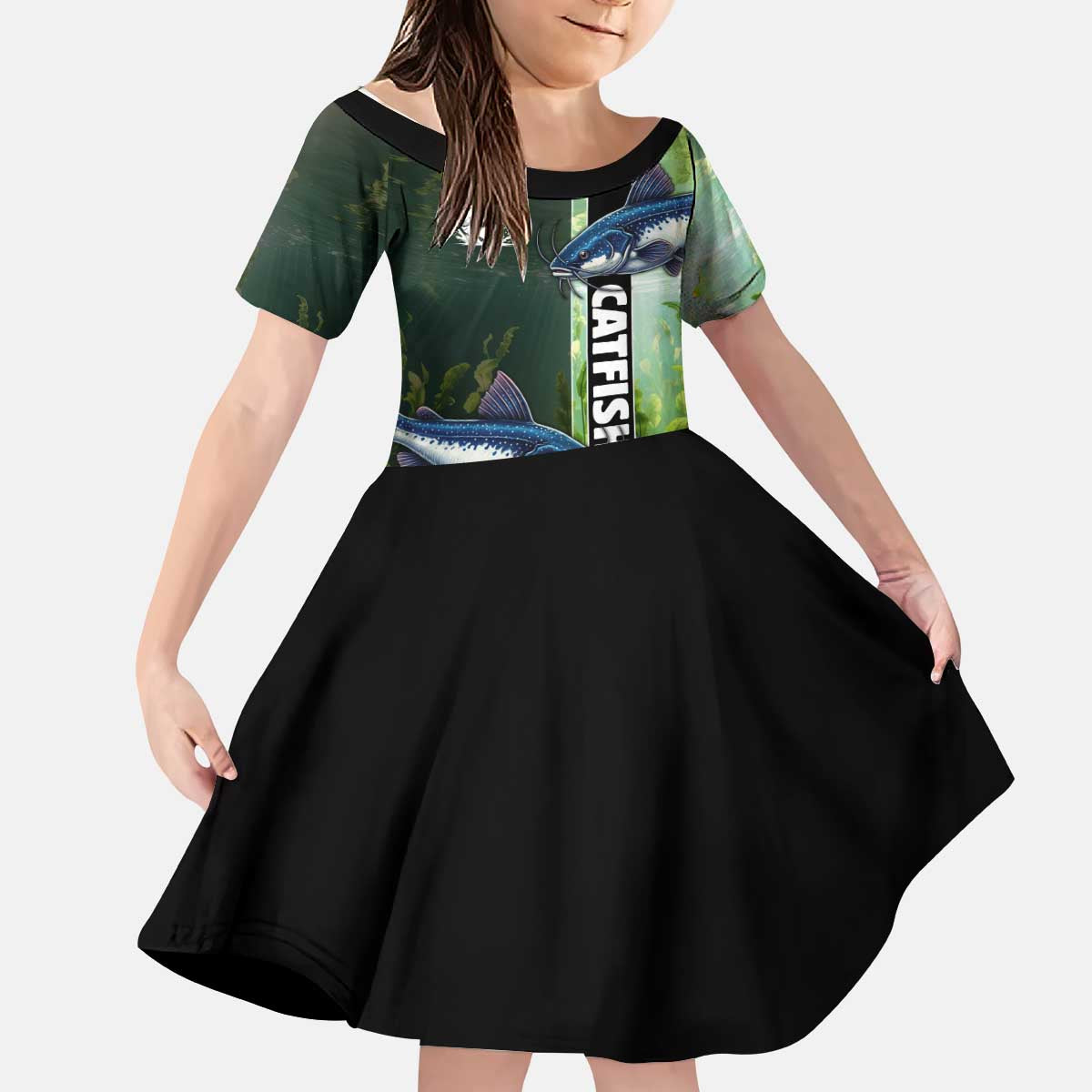 Custom Catfish Fishing Kid Short Sleeve Dress with Underwater River Scene and Green Aquatic Pattern - Wonder Print Shop
