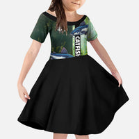 Custom Catfish Fishing Kid Short Sleeve Dress with Underwater River Scene and Green Aquatic Pattern - Wonder Print Shop