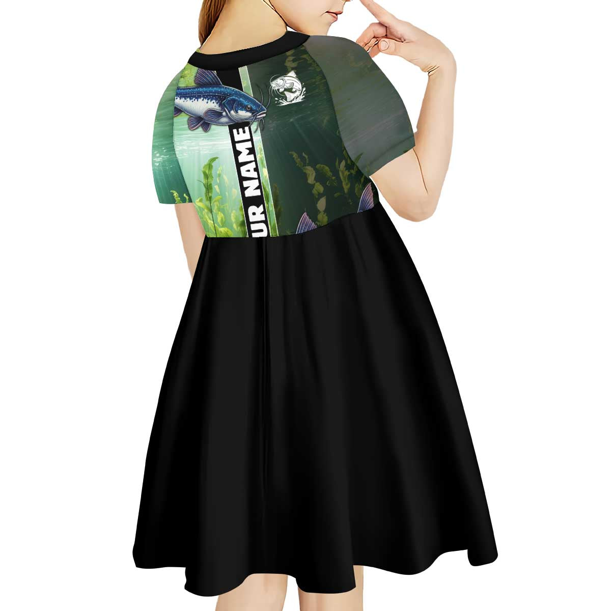 Custom Catfish Fishing Kid Short Sleeve Dress with Underwater River Scene and Green Aquatic Pattern - Wonder Print Shop