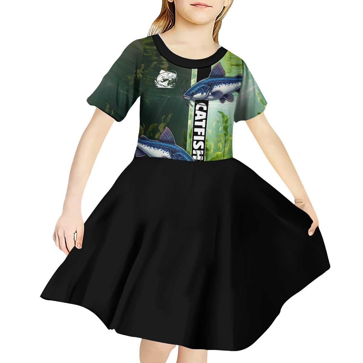 Custom Catfish Fishing Kid Short Sleeve Dress with Underwater River Scene and Green Aquatic Pattern - Wonder Print Shop
