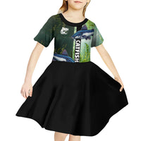 Custom Catfish Fishing Kid Short Sleeve Dress with Underwater River Scene and Green Aquatic Pattern - Wonder Print Shop