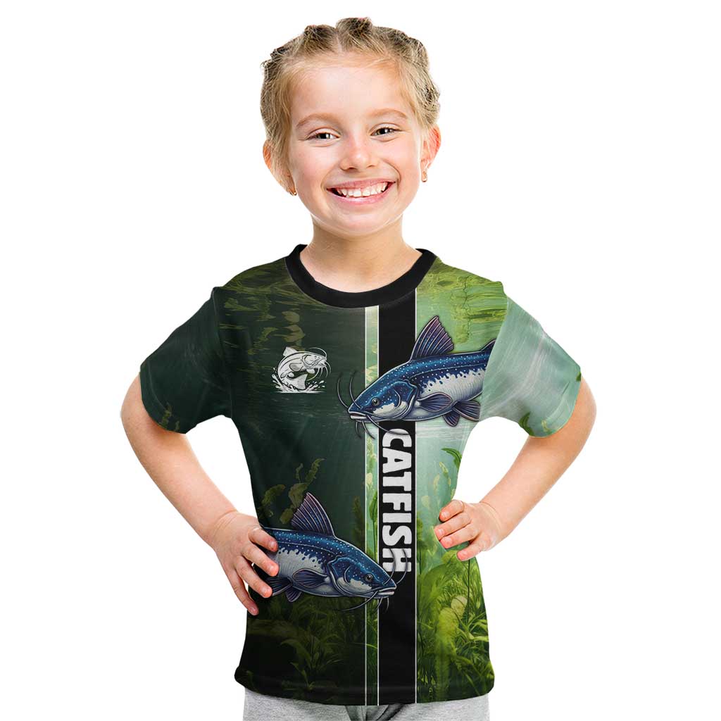 Custom Catfish Fishing Kid T Shirt with Underwater River Scene and Green Aquatic Pattern - Wonder Print Shop