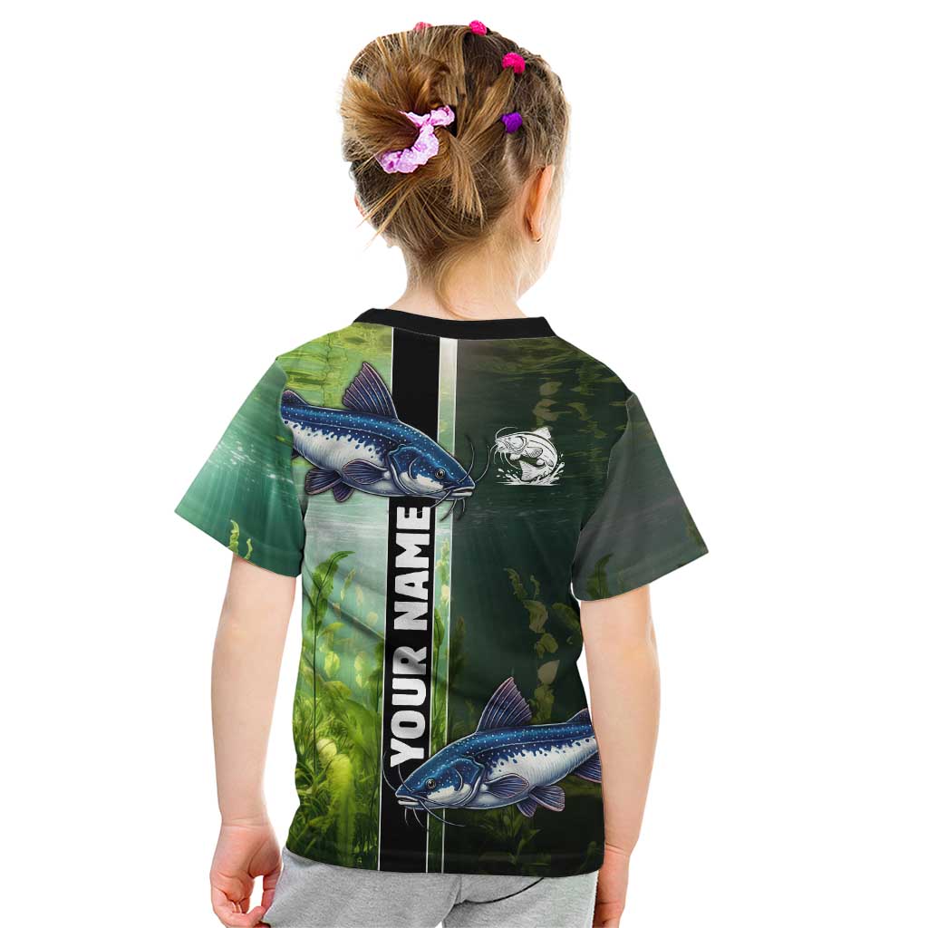 Custom Catfish Fishing Kid T Shirt with Underwater River Scene and Green Aquatic Pattern - Wonder Print Shop