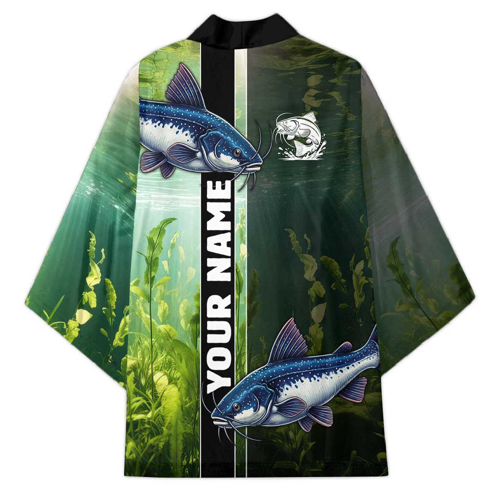 Custom Catfish Fishing Kimono with Underwater River Scene and Green Aquatic Pattern - Wonder Print Shop