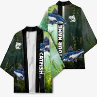 Custom Catfish Fishing Kimono with Underwater River Scene and Green Aquatic Pattern - Wonder Print Shop