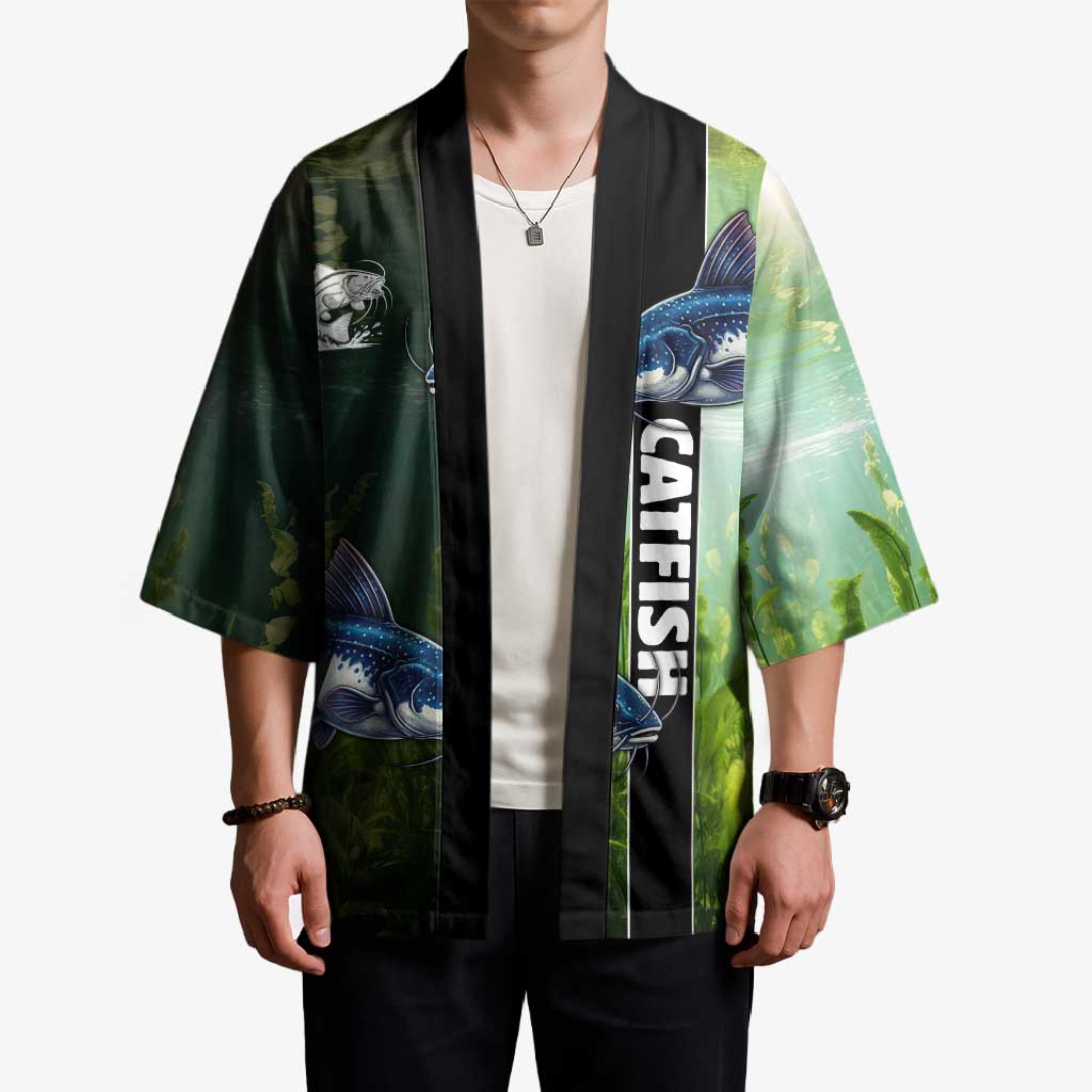 Custom Catfish Fishing Kimono with Underwater River Scene and Green Aquatic Pattern - Wonder Print Shop