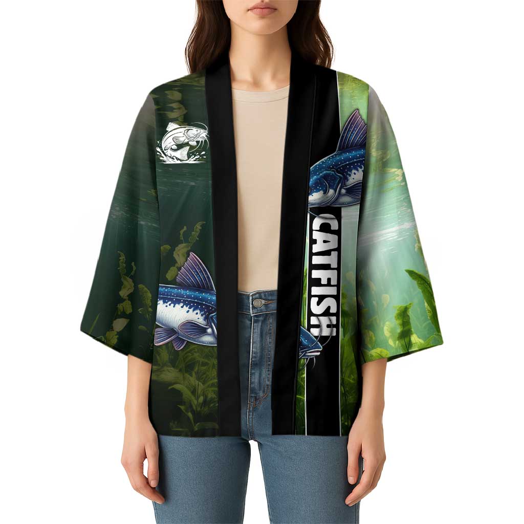 Custom Catfish Fishing Kimono with Underwater River Scene and Green Aquatic Pattern - Wonder Print Shop