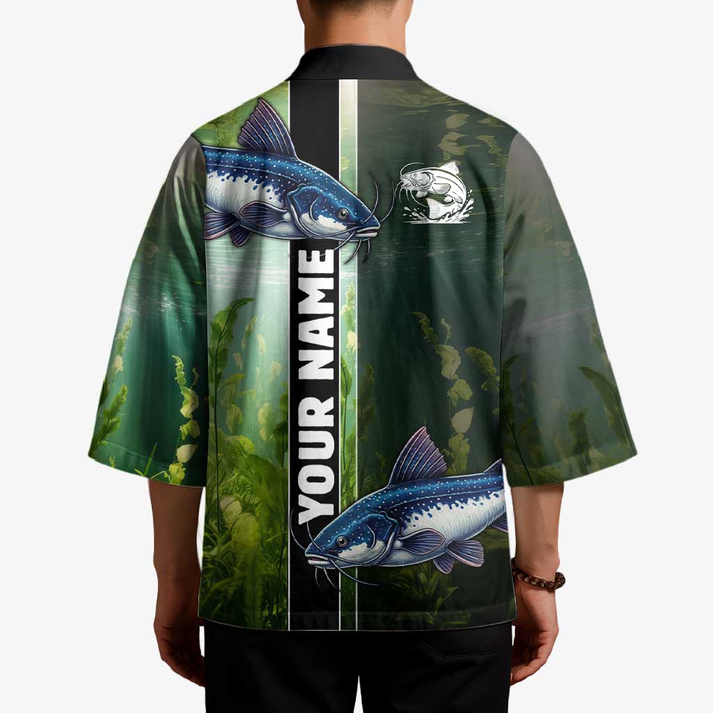 Custom Catfish Fishing Kimono with Underwater River Scene and Green Aquatic Pattern - Wonder Print Shop